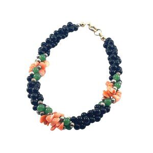 Vintage Black Beaded Bracelet With Coral Jade Accents 7" For Women